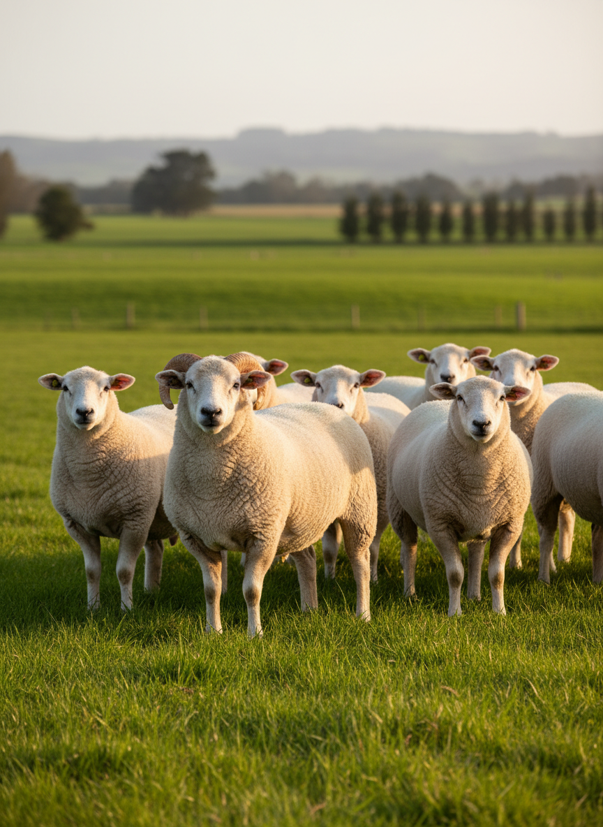 A tight group of premium Texel sheep with dense, creamy-white fleece and broad, muscular backs stands in a gently rolling Waikato paddock. Lush, emerald pasture stretches toward low, distant hills and scattered shelterbelts. Soft late-afternoon sunlight casts a warm, golden sheen along the sheep’s strong toplines and deep gigots, emphasizing their powerful conformation and clean, alert heads. Photographic realism with an eye-level composition and moderate depth of field keeps the leading ram in crisp focus while the surrounding flock softly blurs. The mood is professional yet tranquil, showcasing high-quality breeding stock in a clean, well-managed New Zealand farm environment.