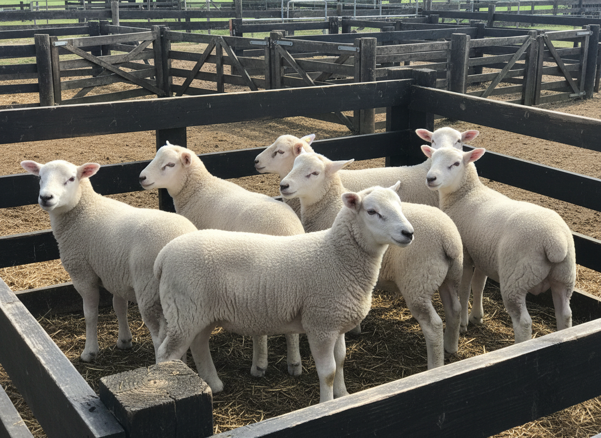 A compact, well-muscled pen of sale-ready Texel ram lambs stands in a tidy outdoor yard with solid timber rails and a visible drafting race in the background. Each lamb shows consistent breed type: wide stance, straight legs, strong toplines, and pronounced hindquarter development, with clean, bright faces and uniform, close fleece. Captured in photographic realism from a slightly elevated angle, the image shows the group from three-quarter side view, allowing individual frames to be assessed. Clear midday light with a hint of cloud ensures accurate color and minimal harsh shadows. The composition suggests structured selection and sale preparation, with a focused, businesslike mood reflecting a professional breeding and marketing program.