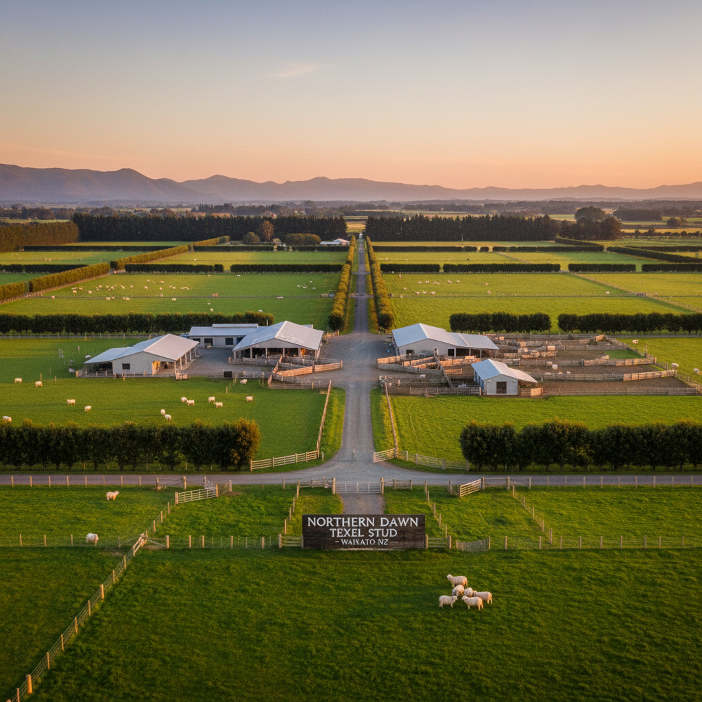 A wide, panoramic view of the Northern Dawn Texel Stud property in Waikato, New Zealand, featuring neat paddock layouts with visible laneways, shelterbelts, and a central farmyard hub of low, modern sheds and handling yards. Several small mobs of Texel sheep dot the paddocks, their white bodies contrasting against rich green pasture. Captured in photographic realism during golden hour, warm light skims across the contour of the land, picking out fences and gateways and casting long, soft shadows. Shot from a slightly elevated vantage point with sharp focus throughout, the composition communicates order, scale, and thoughtful farm design. The mood is quietly confident and professional, emphasizing a well-managed breeding environment rather than individual animals.