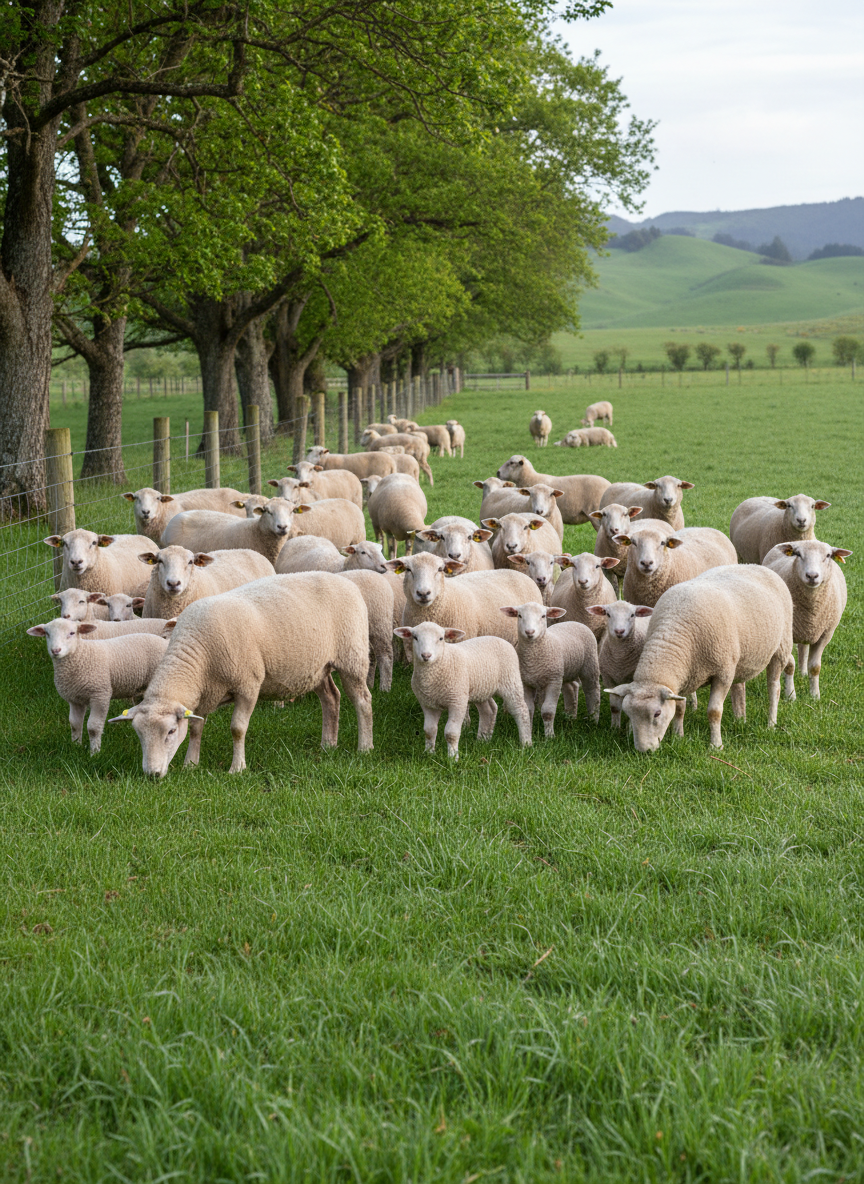A mixed-age flock of Texel ewes and lambs grazes in a sheltered Waikato valley paddock bordered by tidy post-and-wire fencing and mature trees. The ewes show consistent breed type, with square frames, deep bodies, and smooth, even fleece, while the lambs display promising muscle development and alert expressions. Soft morning light filters through light cloud, creating diffused illumination that gently highlights the contours of their bodies without glare. Photographic realism with a slightly elevated angle captures the scale of the flock and the lush, damp pasture underfoot, while the background softly recedes into subtle bokeh. The mood is calm and orderly, emphasizing maternal traits, flock uniformity, and the stud’s focus on balanced, practical breeding.